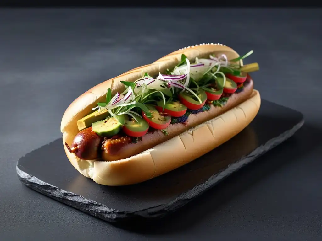 Delicioso hot dog vegano gourmet con salchicha asada, aguacate, cebolla caramelizada, jalapeños, pepinillos, arúgula y queso vegano en plato negro moderno