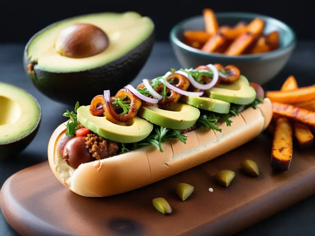 Delicioso hot dog vegano gourmet con salchicha a la parrilla, aguacate, cebolla caramelizada, rúcula y sriracha, ¡Receta hot dogs veganos gourmet!