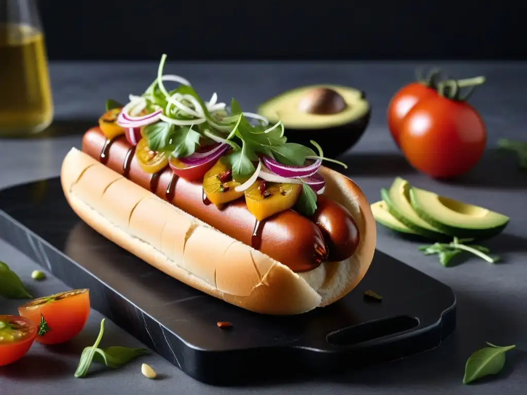 Un delicioso hot dog vegano gourmet con ingredientes frescos y coloridos