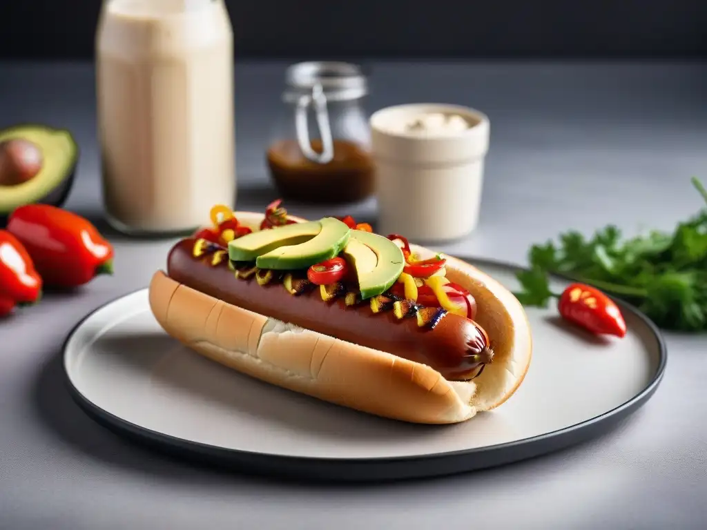 Delicioso hot dog vegano gourmet con ingredientes coloridos y texturas vibrantes en un elegante plato moderno