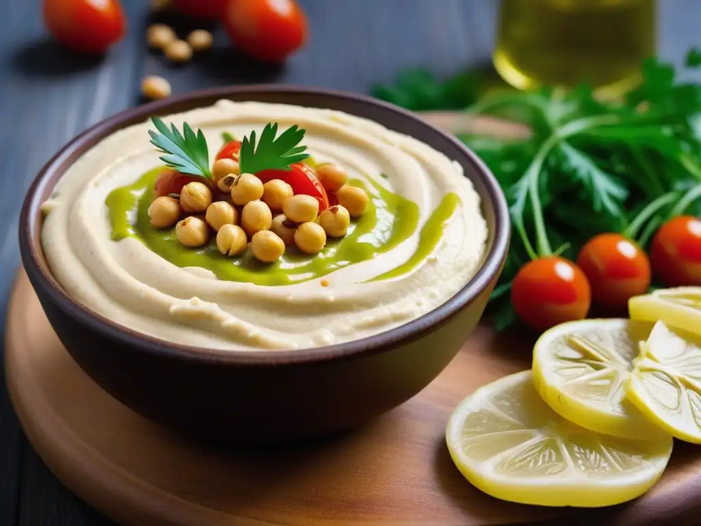 Delicioso hummus vegano con ingredientes del Mediterráneo en un ambiente vibrante y fresco