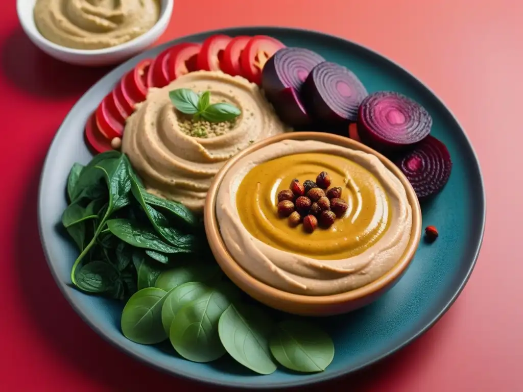 Delicioso hummus vegano de inspiración mediterránea con variadas texturas y sabores, listo para saborear