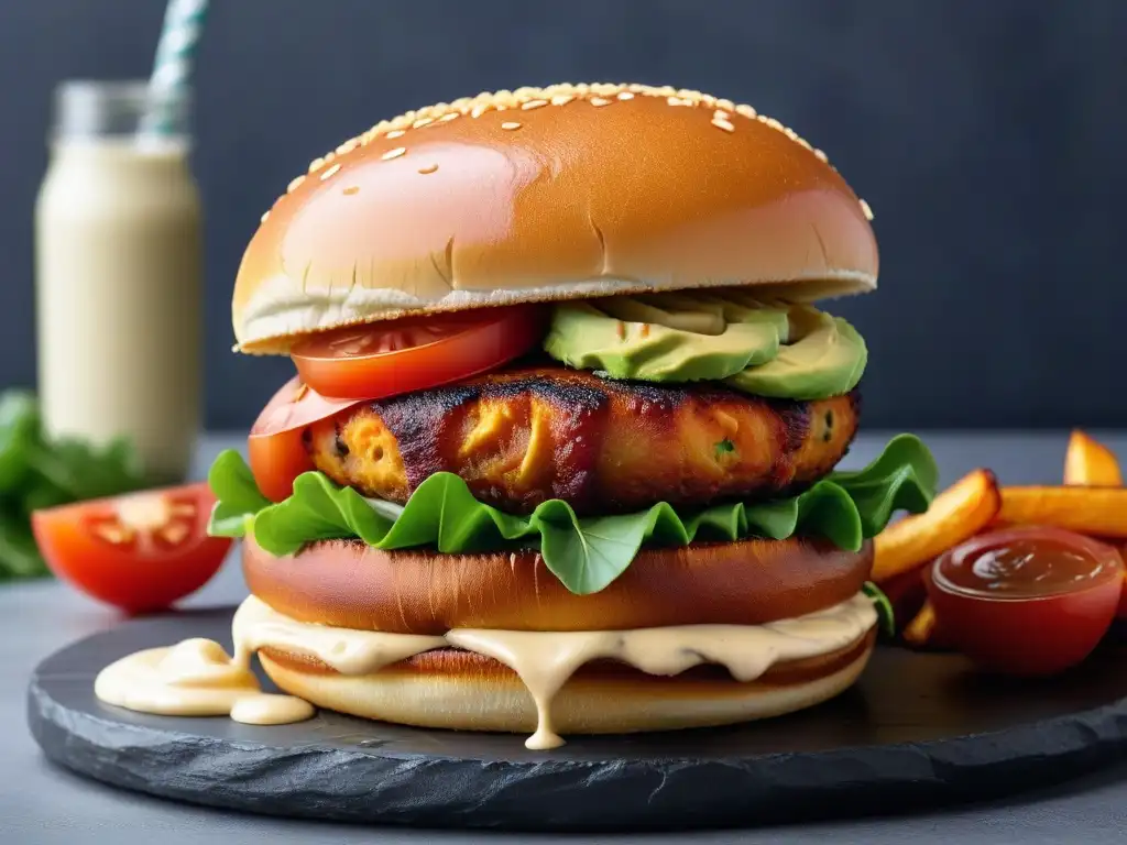 Delicioso veggie burger con ingredientes frescos y coloridos, fusionando sabores en recetas veganas comida americana fusionada