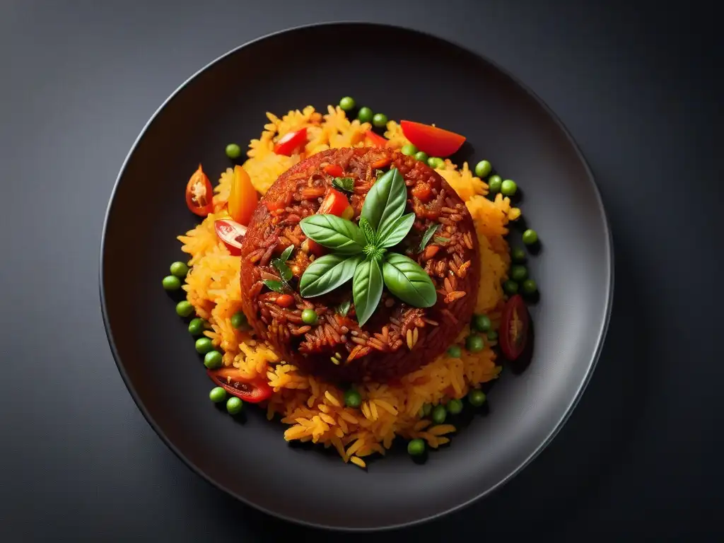 Delicioso jollof vegano con influencia africana en un plato cerámico elegante sobre fondo negro