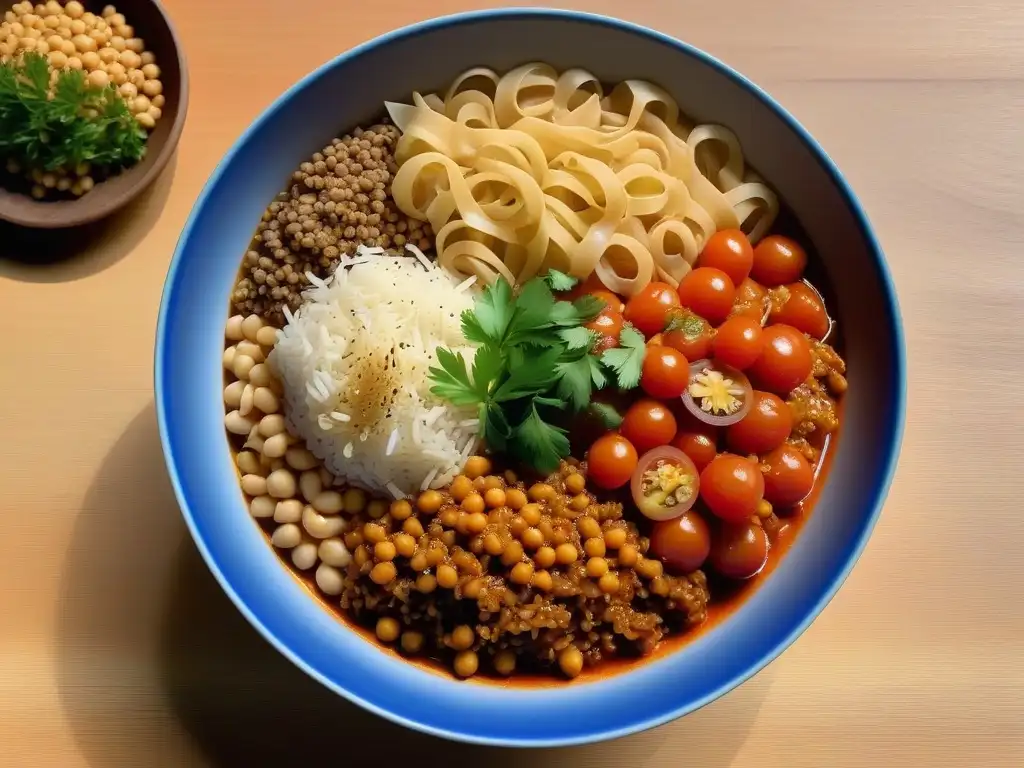 Un delicioso koshari vegano con capas de arroz, lentejas, garbanzos y pasta, cubierto de salsa de tomate y hierbas frescas