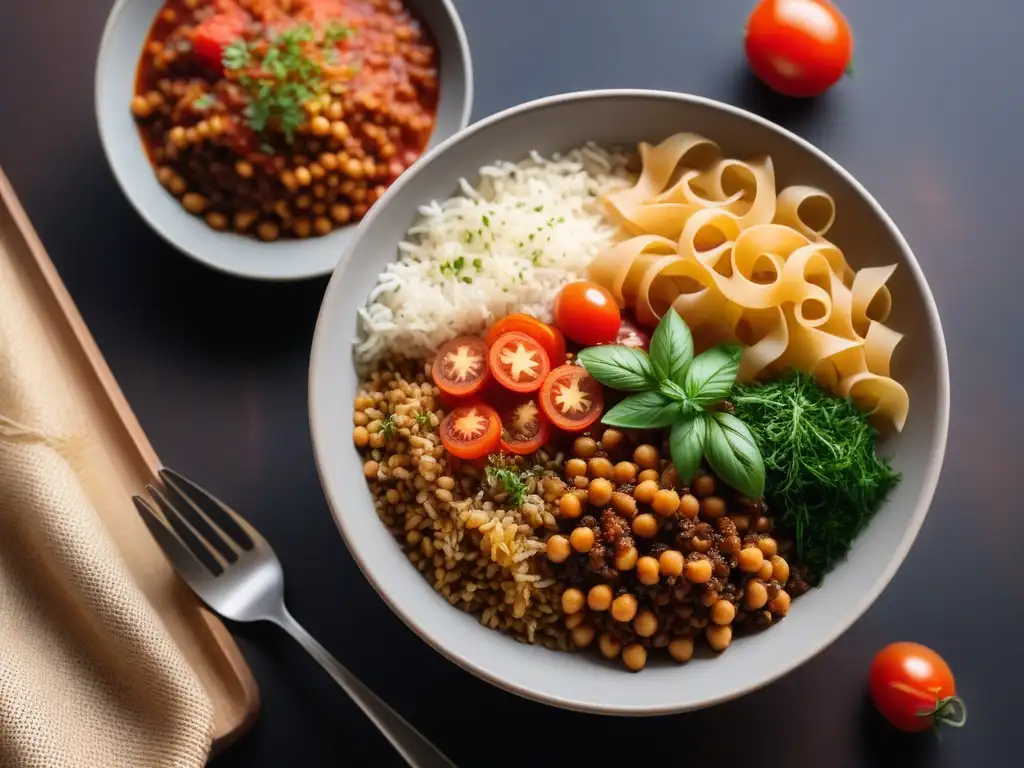 Un delicioso koshari vegano en un moderno mostrador de cocina