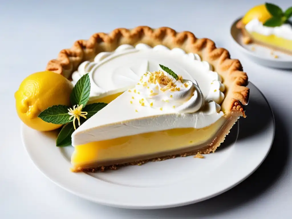 Delicioso Lemon Pie Vegano Sostenible con crema de coco y ralladura de limón, decorado con menta y flores comestibles en plato blanco