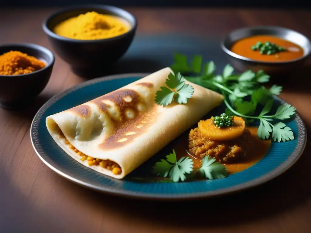 Delicioso Masala Dosa vegano recién cocinado, servido con chutneys y sambar coloridos