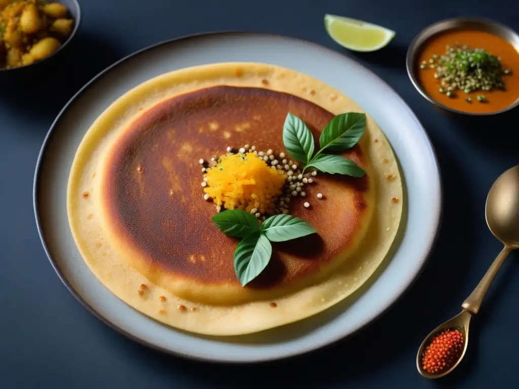 Delicioso Masala Dosa vegano con papas condimentadas, chutneys y sambhar, en un plato minimalista