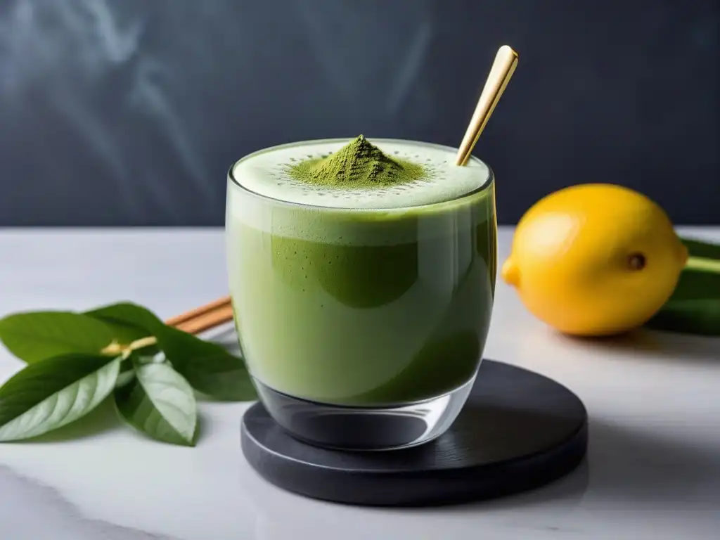 Delicioso matcha latte vegano con capas de leche vegetal espumosa y polvo de matcha, en un entorno sereno y acogedor