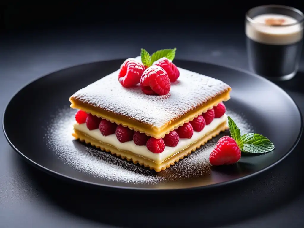 Delicioso milhojas vegano con crema pastelera, frambuesas y menta sobre plato negro