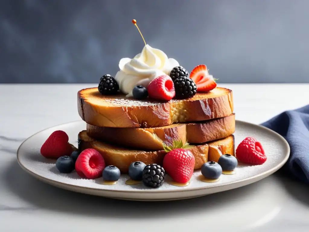 Un delicioso montón de tostadas francesas veganas sin gluten con sirope de arce y frutas frescas en elegante cocina