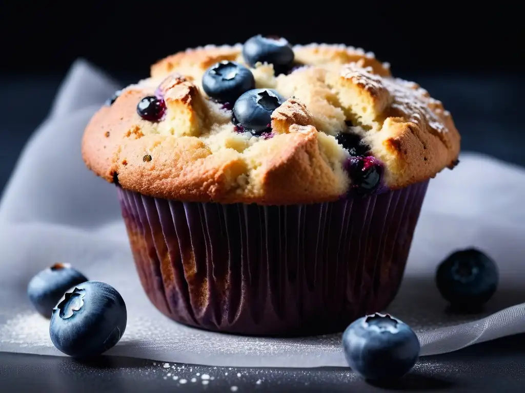 Delicioso muffin de arándanos veganos sin gluten, con crujiente capa dorada, jugosas frutas y azúcar glass