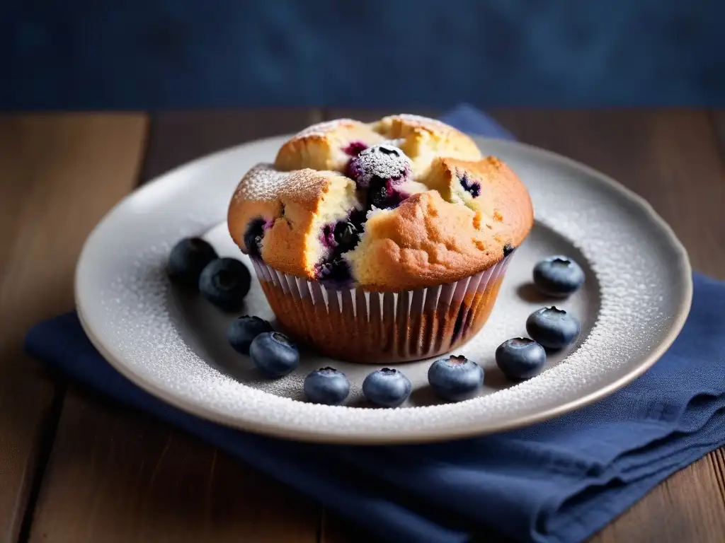 Delicioso muffin de arándanos veganos sin gluten, recién horneado sobre plato minimalista en mesa rústica