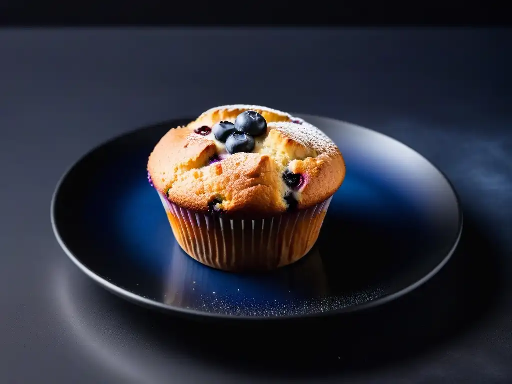 Delicioso muffin vegano de arándanos con azúcar glass, sobre un plato negro mate