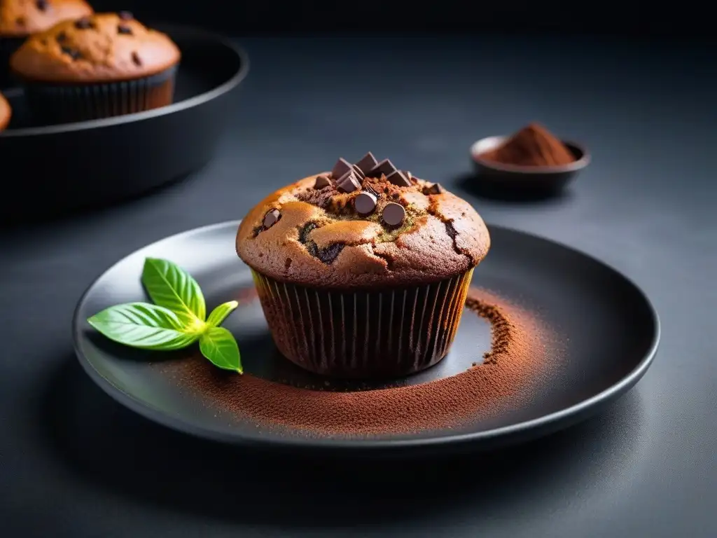 Delicioso muffin vegano de chocolate y calabacín, cubierto de cacao en polvo y decorado con chocolate negro, sobre un plato de cerámica moderno