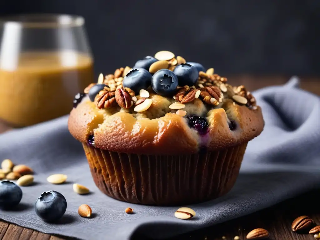 Delicioso muffin vegano energético en mesa rústica con ingredientes frescos alrededor