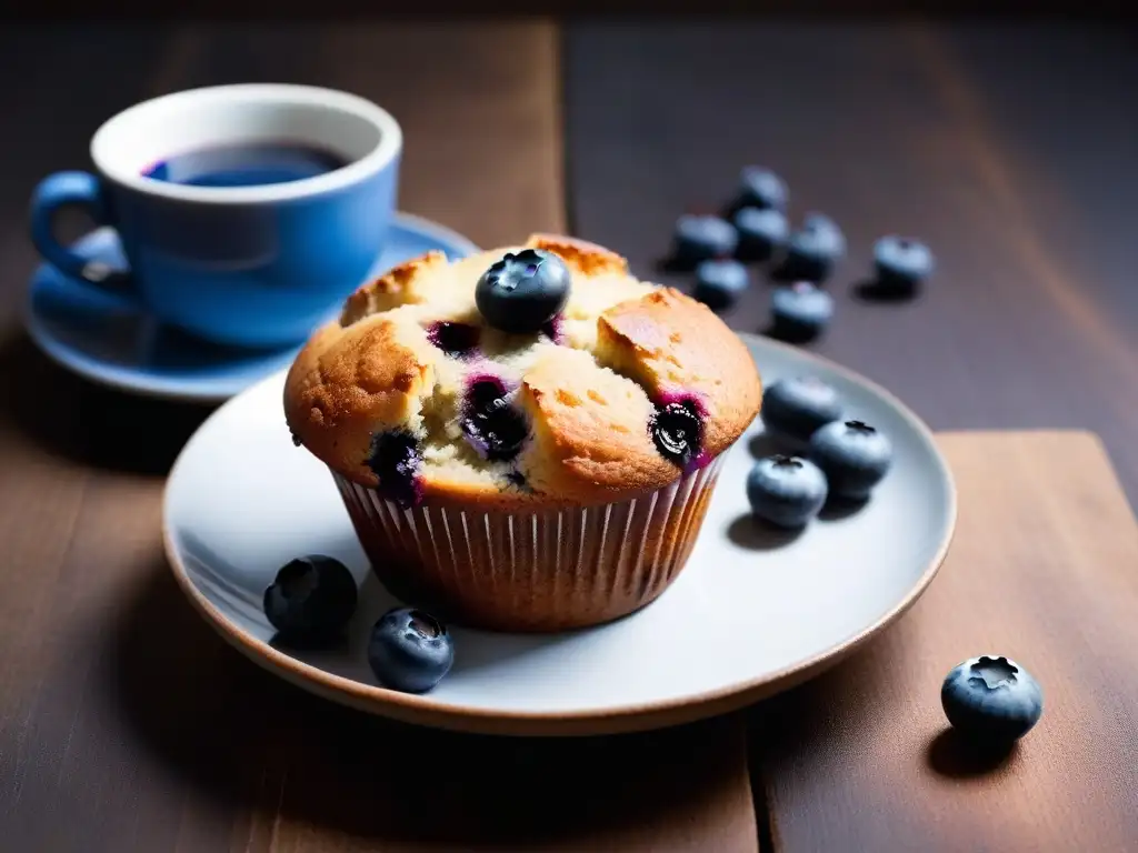 Delicioso muffin vegano de arándanos, recién horneado, con arándanos jugosos