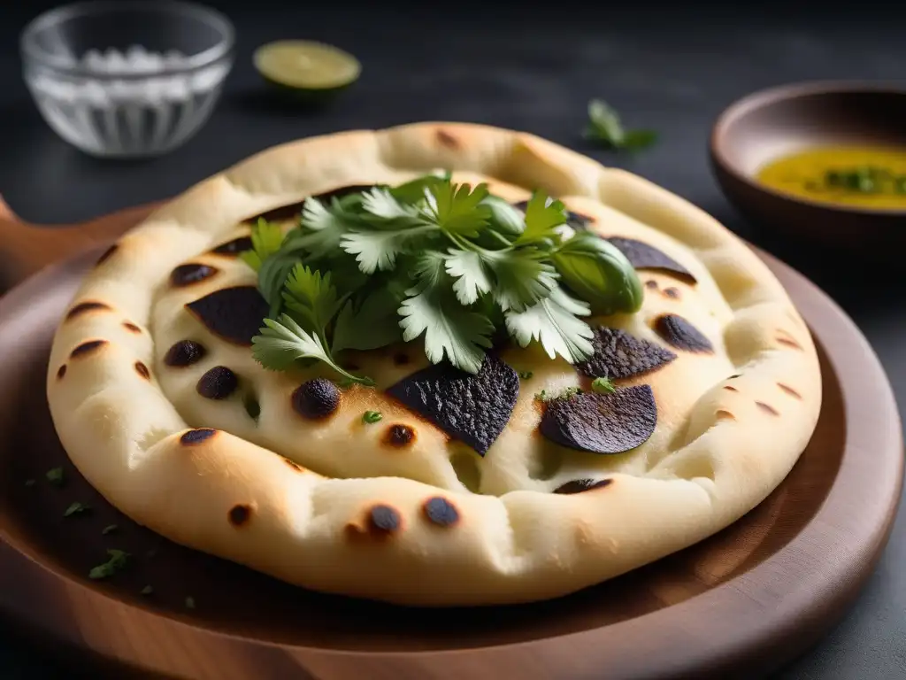 Delicioso naan vegano recién horneado, dorado y esponjoso, con cilantro y aceite de ajo