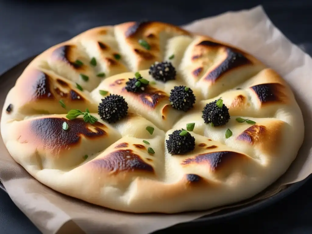 Delicioso naan vegano recién horneado con semillas de sésamo negro y mantequilla vegana