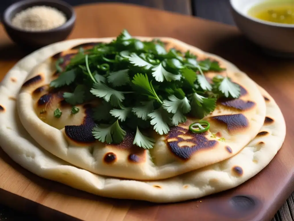 Delicioso naan vegano recién horneado con semillas de sésamo y cilantro en tabla rústica