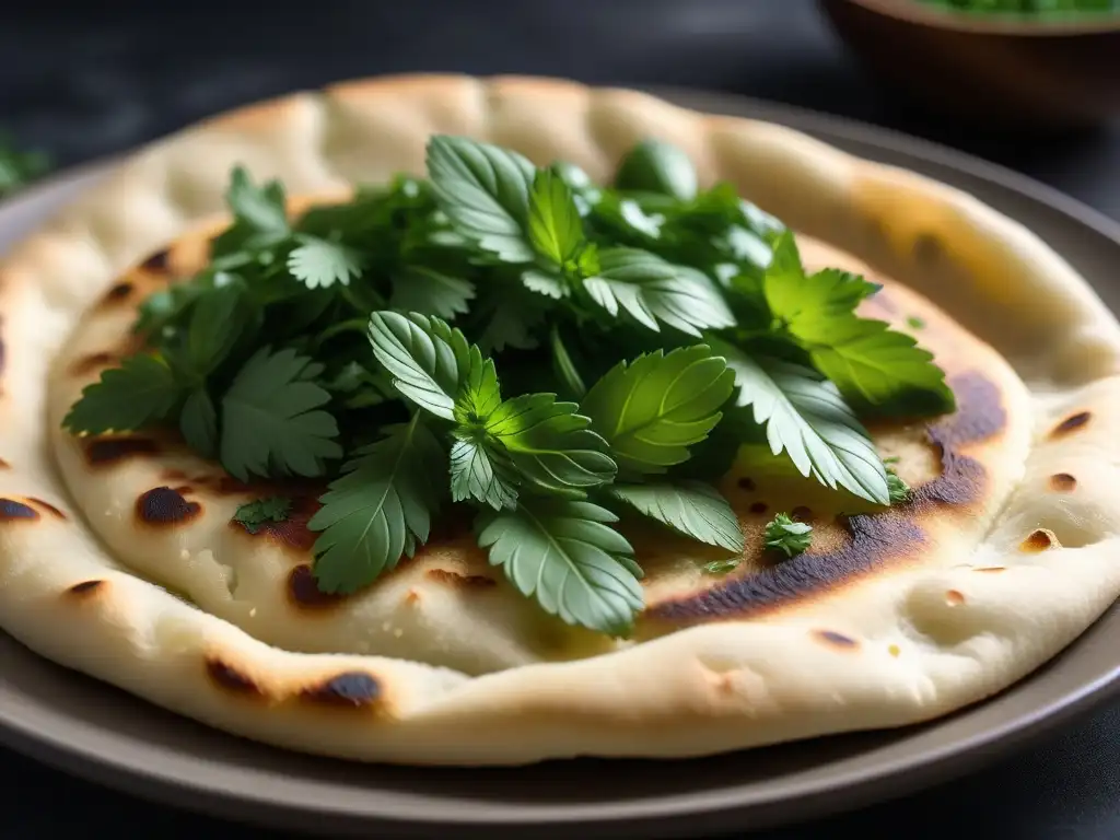 Delicioso naan vegano recién horneado con hierbas frescas y aceite de oliva, ¡una obra de arte culinaria! Receta naan vegano fácil