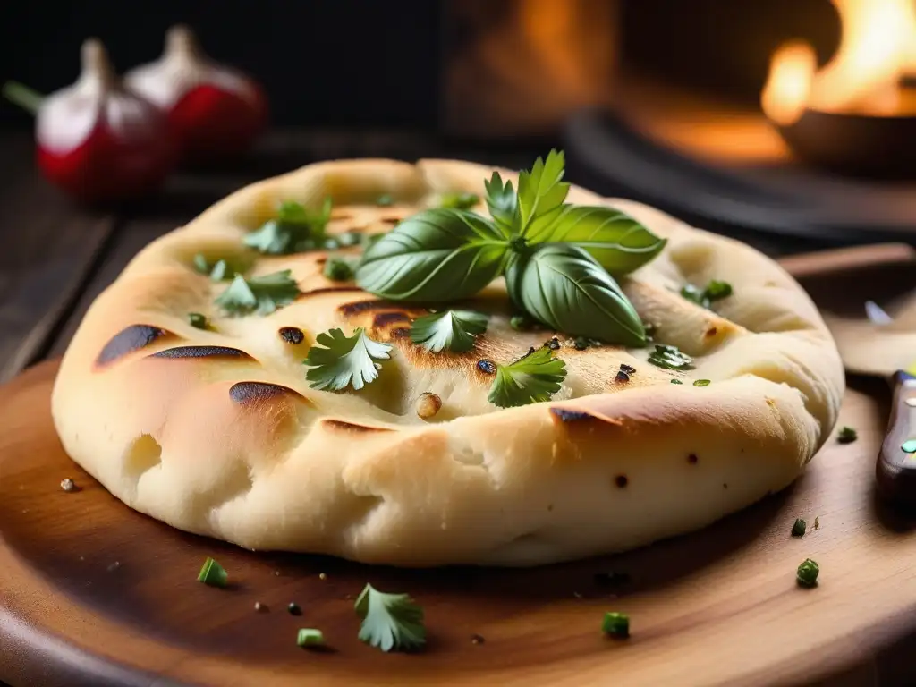 Delicioso naan vegano recién horneado en tabla rústica, con ajo y cilantro, listo para disfrutar