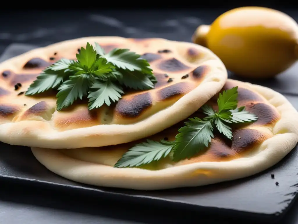 Delicioso naan vegano recién horneado con semillas de comino negro y hojas de cilantro, sobre encimera de mármol