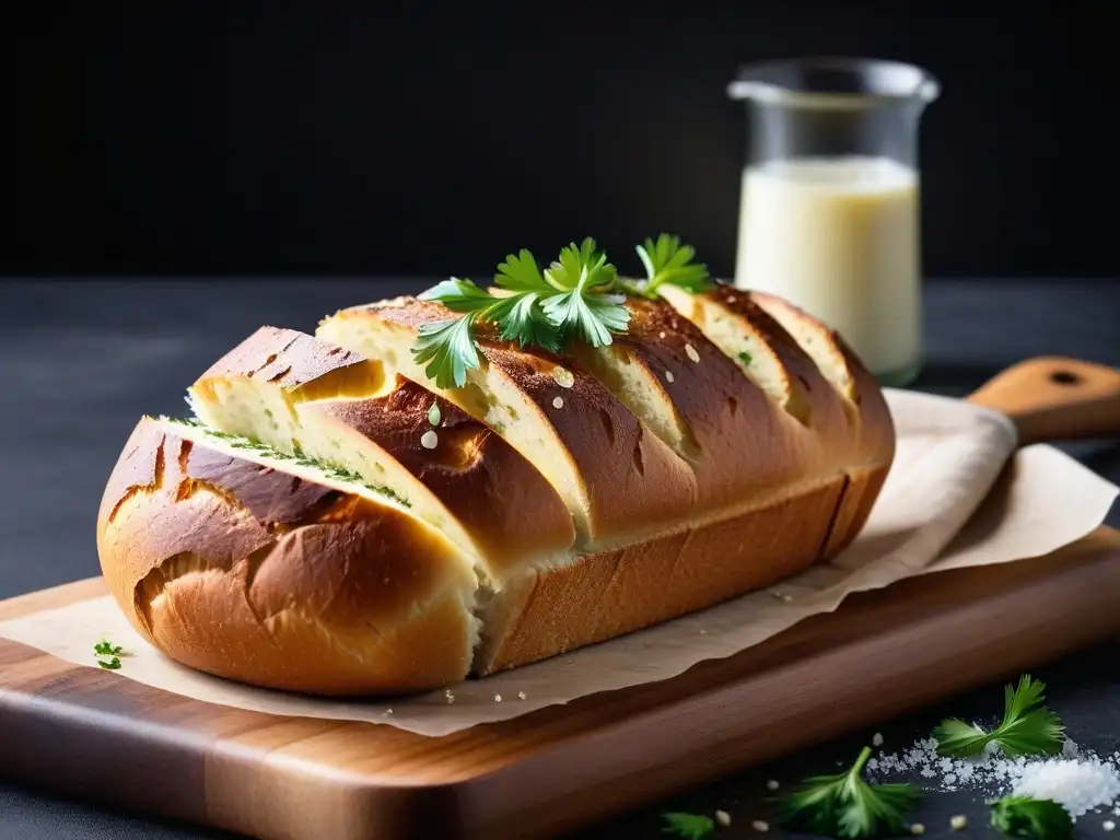 Delicioso pan de ajo vegano sin gluten recién horneado con mantequilla sin lácteos, ajo, perejil y sal marina, en una cocina moderna