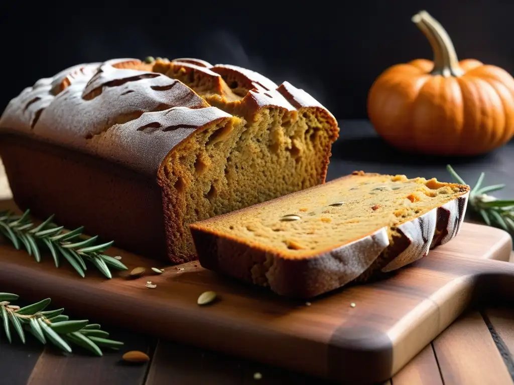 Delicioso pan de calabaza vegano sin gluten, recién horneado, con costra dorada y miga esponjosa salpicada de brillos naranjas