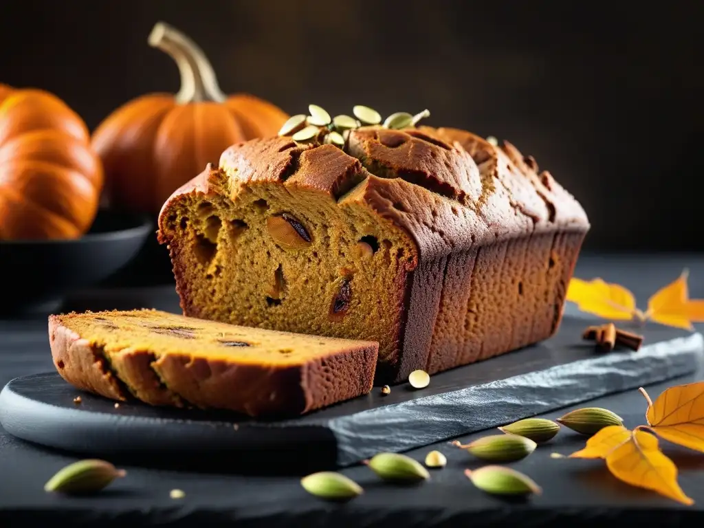 Delicioso pan de calabaza vegano y sin gluten con corteza dorada y relleno de semillas, ideal para otoño