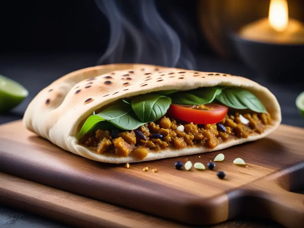 Delicioso pan de pita vegano recién horneado, dorado y aromático, sobre tabla de madera rústica