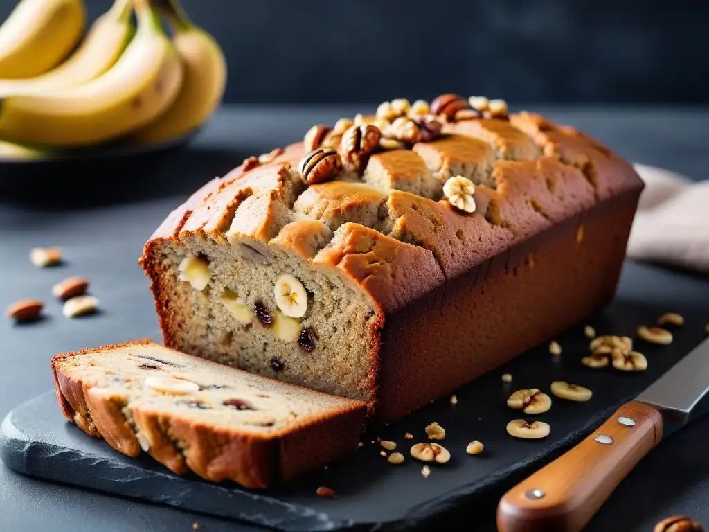 Delicioso pan de plátano vegano recién horneado con nueces y rodajas de plátano, sobre tabla de presentación de pizarra