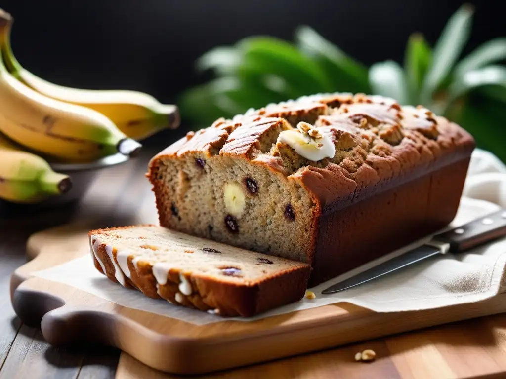 Delicioso pan de plátano vegano recién horneado, espolvoreado con azúcar glass, sobre tabla de madera