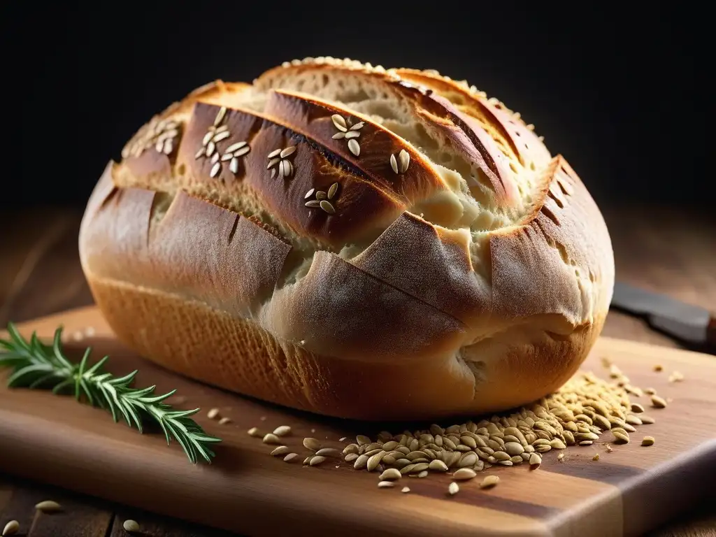 Delicioso pan sourdough vegano con fermentación natural, crujiente corteza dorada y miga esponjosa en tabla de madera rústica