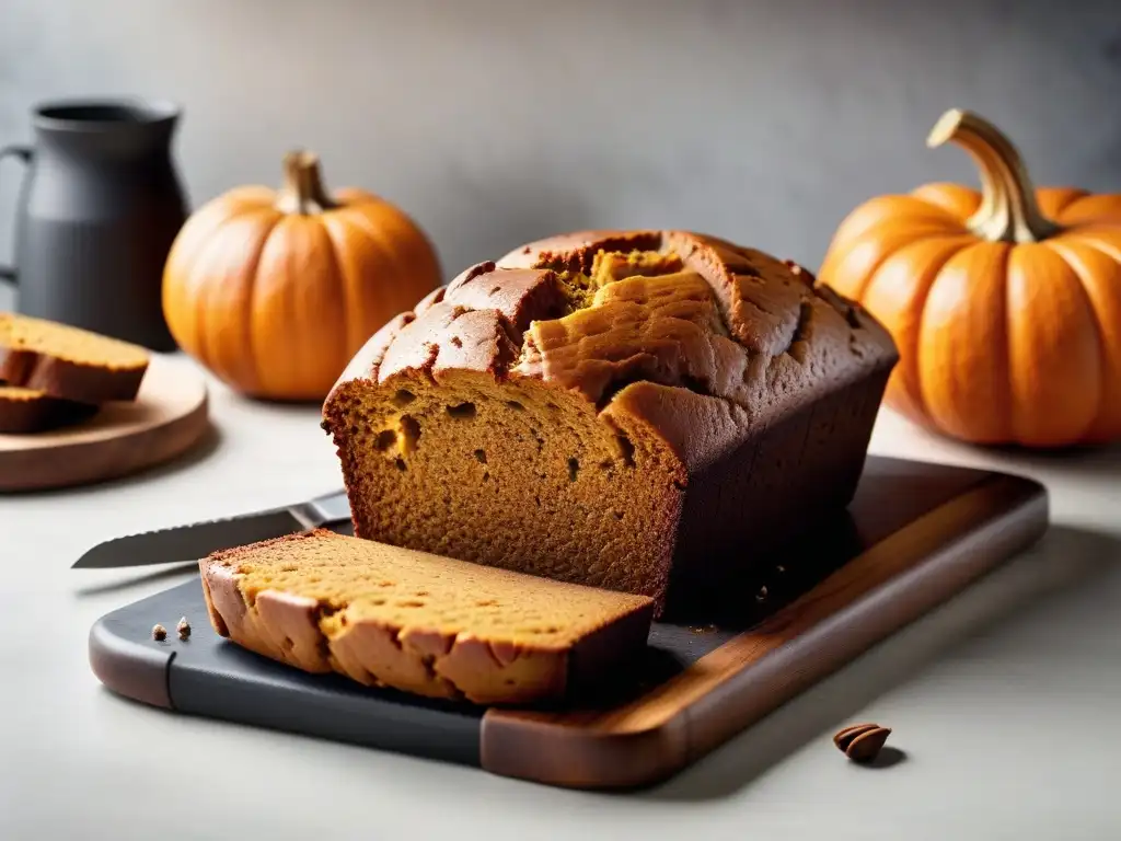 Un delicioso pan de calabaza vegano recién horneado, con corteza dorada y aroma a canela y nuez