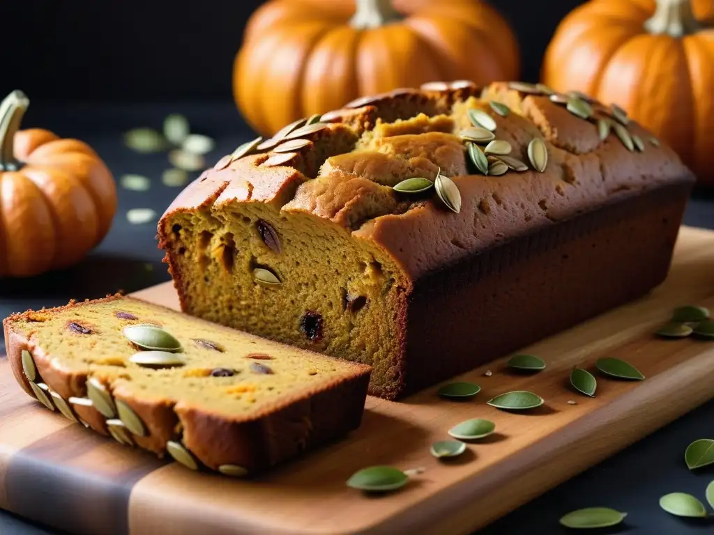 Delicioso pan de calabaza vegano recién horneado con una corteza dorada y semillas de calabaza, sobre tabla de madera rústica