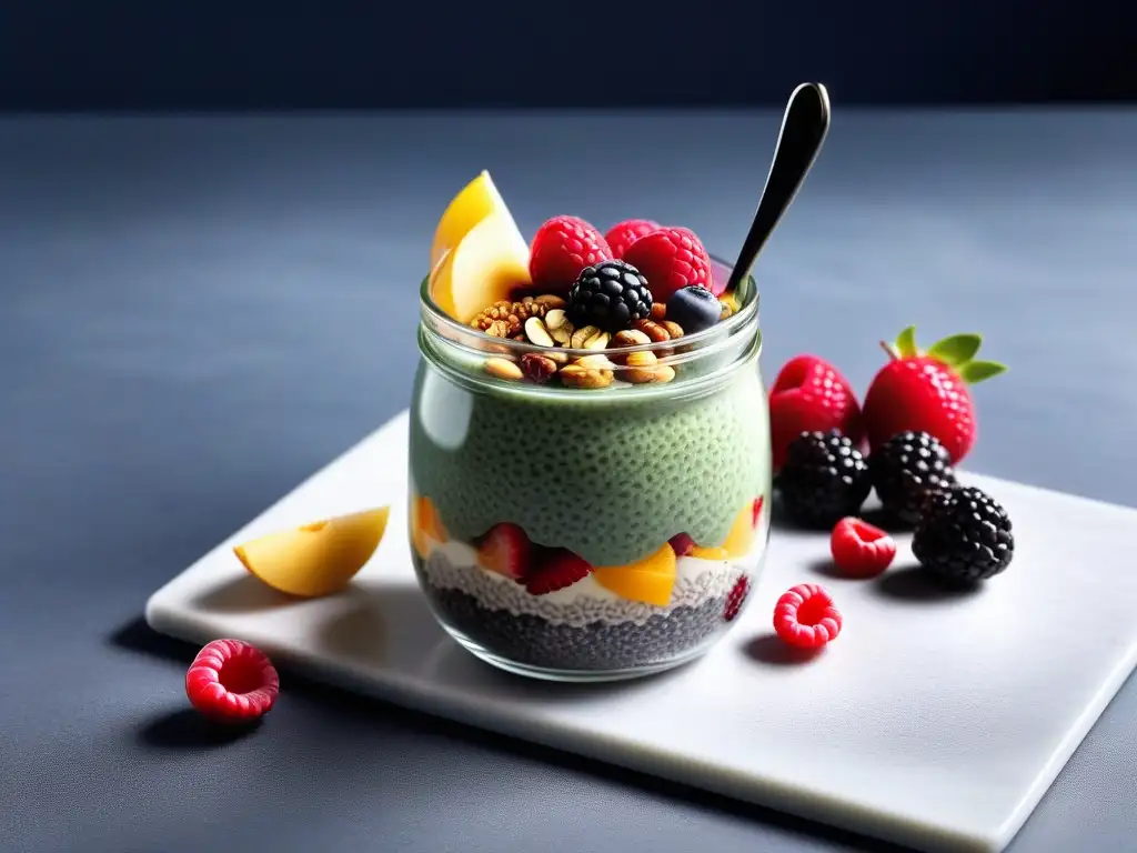 Delicioso parfait de semillas de chía con frutas, nueces y granola