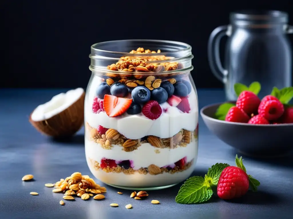 Un delicioso parfait vegano de yogur de coco casero, con frutas frescas, granola crujiente y miel dorada