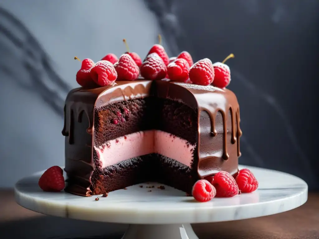 Delicioso pastel de chocolate vegano sin gluten con frambuesas frescas y azúcar glass