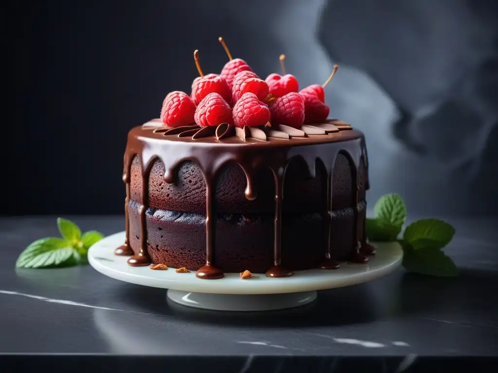 Delicioso pastel de chocolate vegano sin gluten con frambuesas y ganache, sobre encimera de mármol