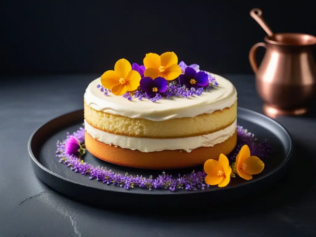 Delicioso pastel de tres leches vegano con flores comestibles vibrantes, sobre una elegante bandeja de pizarra negra en una cocina moderna