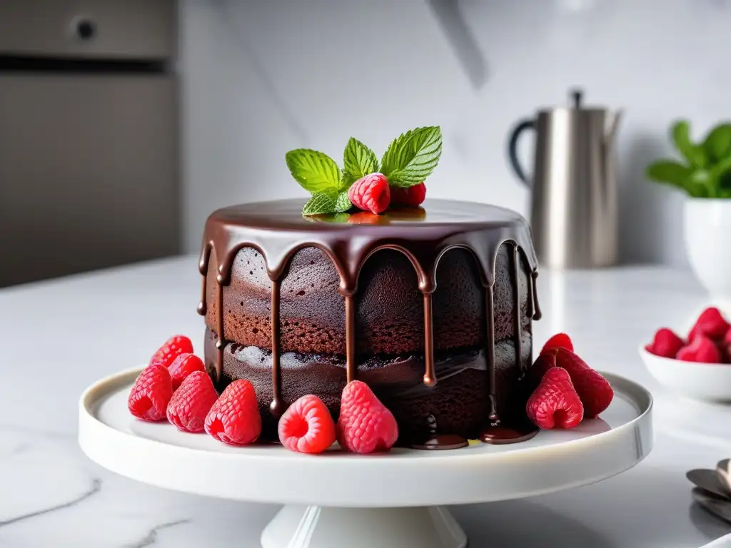 Delicioso pastel vegano de chocolate con ganache brillante, frambuesas y hojas de menta, en elegante soporte blanco