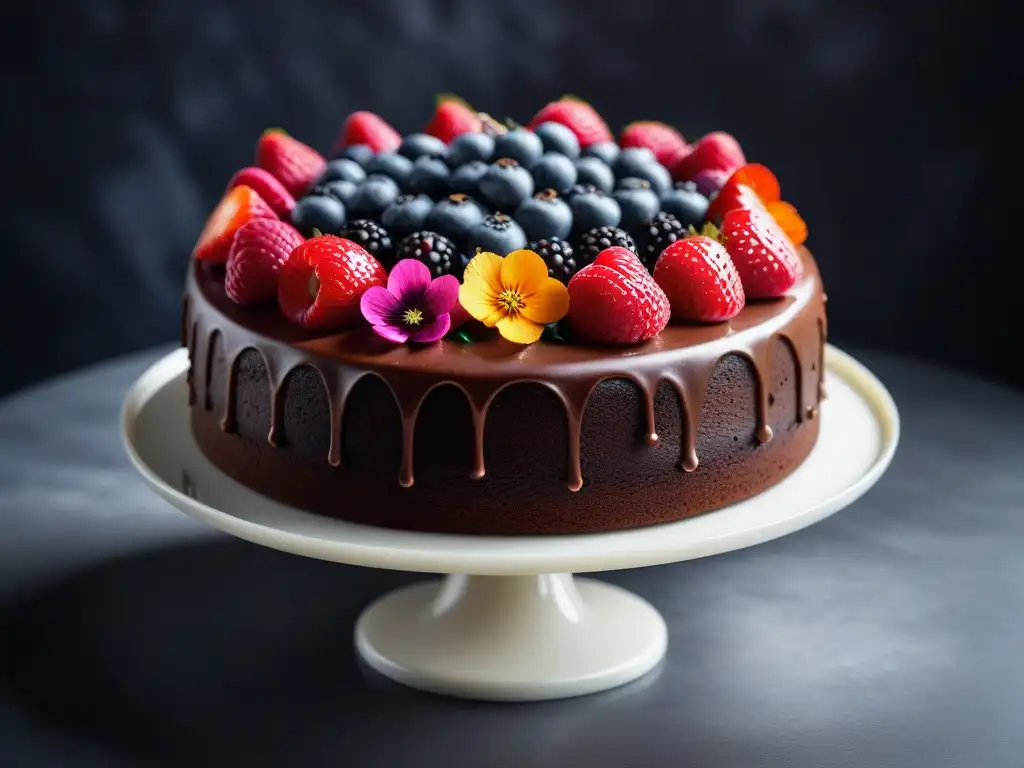 Delicioso pastel vegano de chocolate adornado con frutas y flores comestibles sobre base de mármol