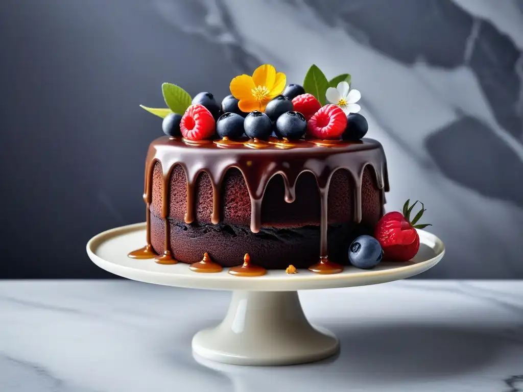 Delicioso pastel vegano de chocolate con salsa de caramelo sin lácteos, frutas y flores comestibles en un elegante soporte de mármol