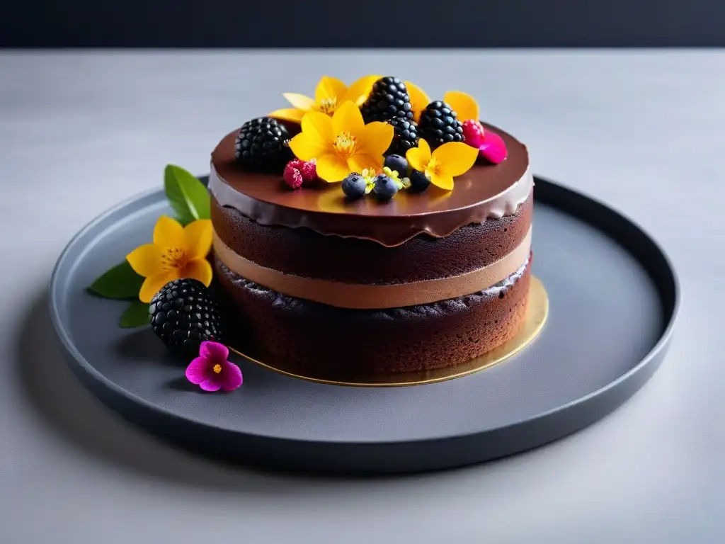 Delicioso pastel vegano de chocolate en capas con frutas y flores comestibles