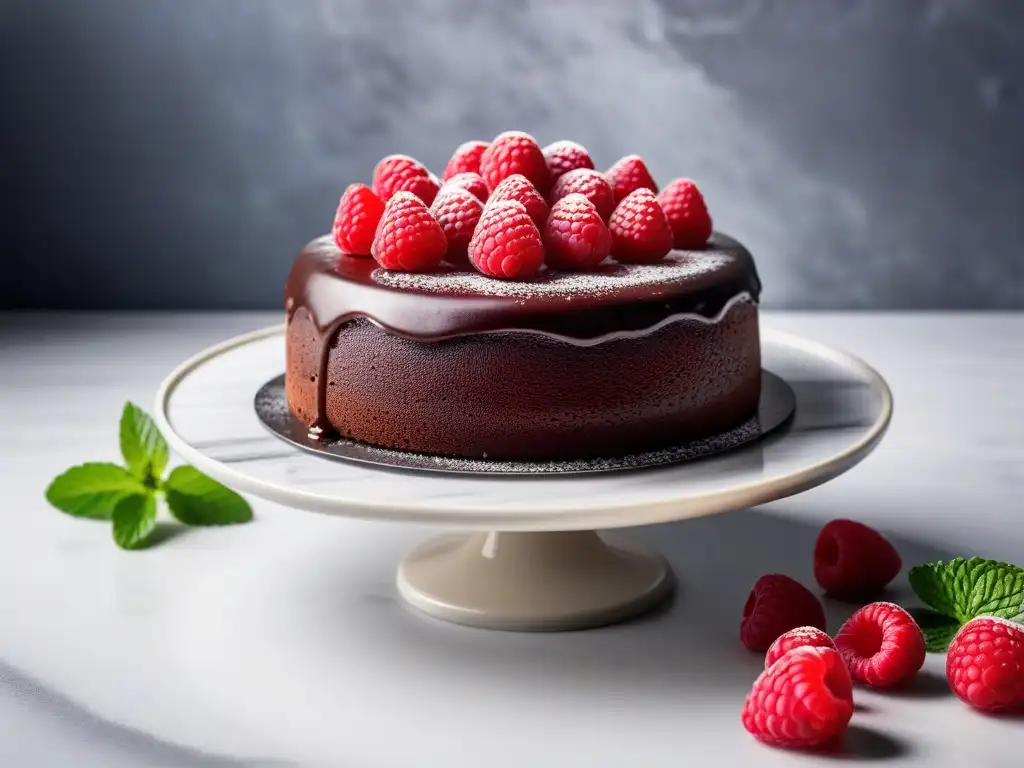 Delicioso pastel vegano de chocolate con ganache y frambuesas, sobre un elegante soporte de mármol blanco