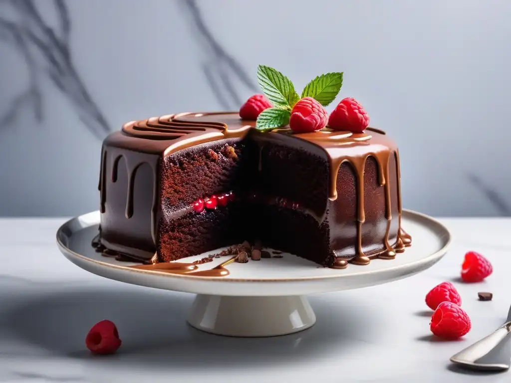 Delicioso pastel vegano de chocolate con ganache brillante, frambuesas frescas y hojas de menta en un plato blanco