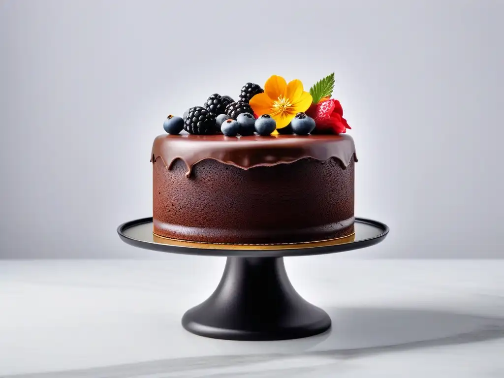 Delicioso pastel vegano de chocolate decorado con frutas y flores comestibles, en base de mármol y fondo blanco
