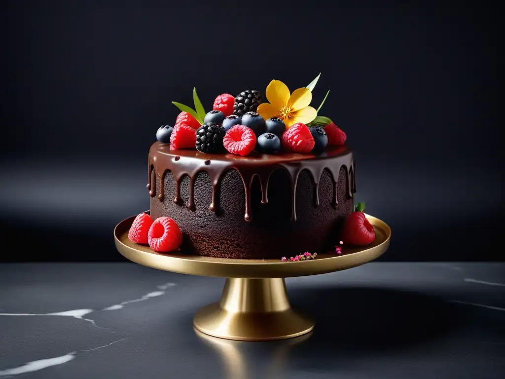 Delicioso pastel vegano de chocolate decorado con frutas y flores, ideal para principiantes en repostería vegana